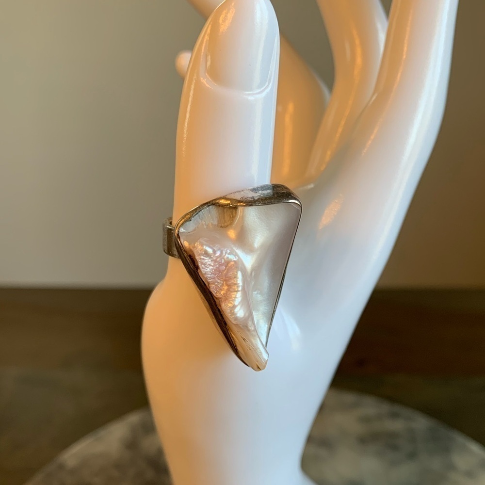 Sterling Silver Ring Irregular Pearl Adjustable Size 6 Stamp 925 Vtg Light Pink - Picture 2 of 13